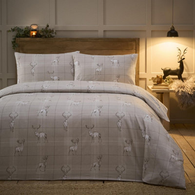 100% Brushed Cotton Checked Stag Beige Double Duvet Cover Set