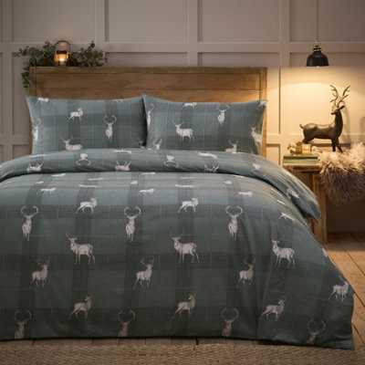 100% Brushed Cotton Checked Stag Green Double Duvet Cover Set