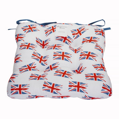100% Cotton Cased Chunky Union Jack Seat Pad 2 Pack With Chair Ties