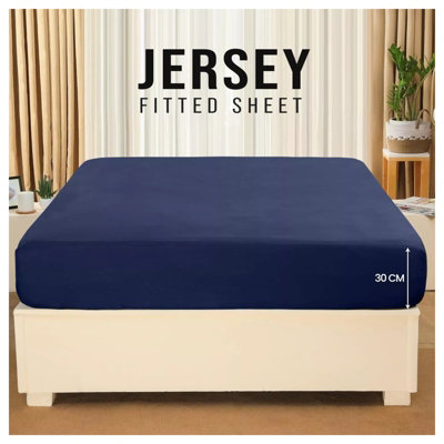 100% Cotton Jersey Fitted Sheet Blue Soft Anti Allergy 30cm Extra Deep Single Double Super King Bed Sheets Easy Care Washable
