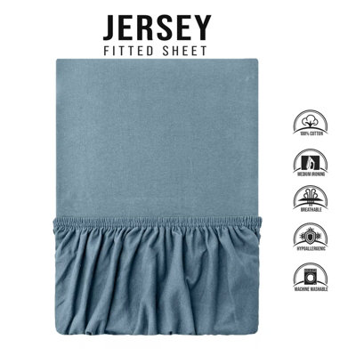 100% Cotton Jersey Fitted Sheet Blue Soft Anti Allergy 30cm Extra Deep Single Double Super King Bed Sheets Easy Care Washable