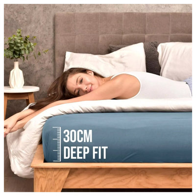 100% Cotton Jersey Fitted Sheet Blue Soft Anti Allergy 30cm Extra Deep Single Double Super King Bed Sheets Easy Care Washable