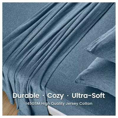 100% Cotton Jersey Fitted Sheet Blue Soft Anti Allergy 30cm Extra Deep Single Double Super King Bed Sheets Easy Care Washable