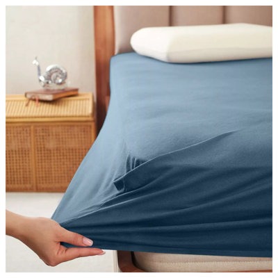 100% Cotton Jersey Fitted Sheet Blue Soft Anti Allergy 30cm Extra Deep Single Double Super King Bed Sheets Easy Care Washable