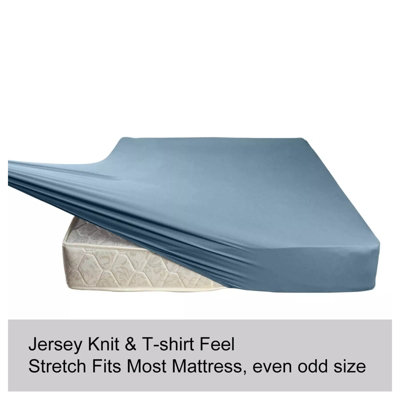 100% Cotton Jersey Fitted Sheet Blue Soft Anti Allergy 30cm Extra Deep Single Double Super King Bed Sheets Easy Care Washable