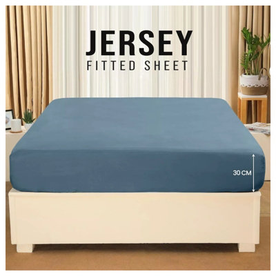 100% Cotton Jersey Fitted Sheet Blue Soft Anti Allergy 30cm Extra Deep Single Double Super King Bed Sheets Easy Care Washable