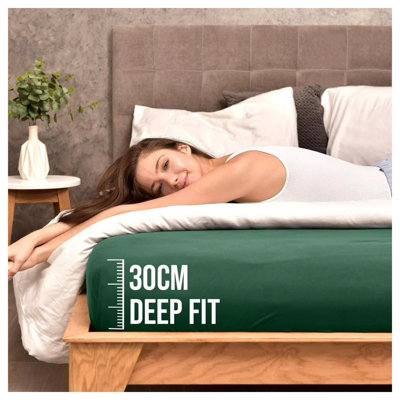 100% Cotton Jersey Fitted Sheet Green Soft Anti Allergy 30cm Extra Deep Single Double Super King Bed Sheets Easy Care Washable