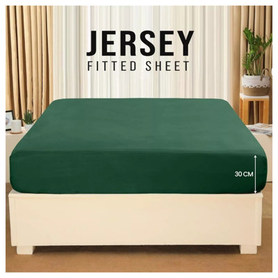 100% Cotton Jersey Fitted Sheet Green Soft Anti Allergy 30cm Extra Deep Single Double Super King Bed Sheets Easy Care Washable