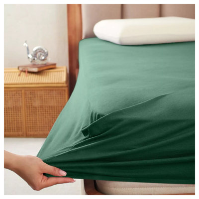 100% Cotton Jersey Fitted Sheet Green Soft Anti Allergy 30cm Extra Deep Single Double Super King Bed Sheets Easy Care Washable