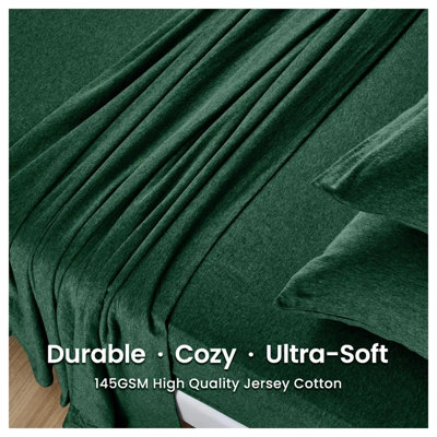 100% Cotton Jersey Fitted Sheet Green Soft Anti Allergy 30cm Extra Deep Single Double Super King Bed Sheets Easy Care Washable