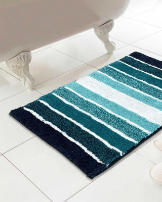 100% Cotton Tonal Stripe Teal Bath Mat 46x76cm | DIY at B&Q