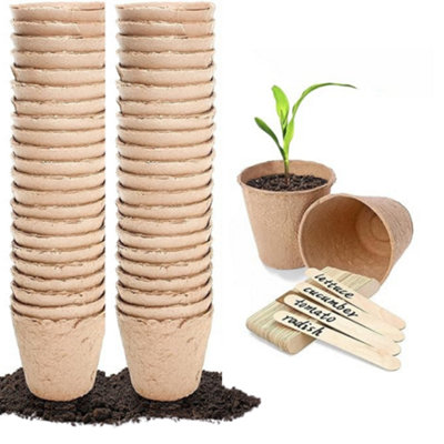 100 Garden Grow Fibre Grow Pots -Biodegradable Seed Pots With Wooden Label Sticks