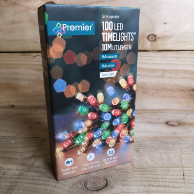 100 LED 10m Premier Christmas Indoor Outdoor Multi Function Battery Operated String Lights with Timer in Multicoloured