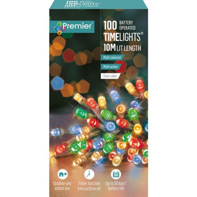100 LED 10m Premier Christmas Outdoor Multi Function Battery Lights with Timer & Clear Cable in Multicoloured