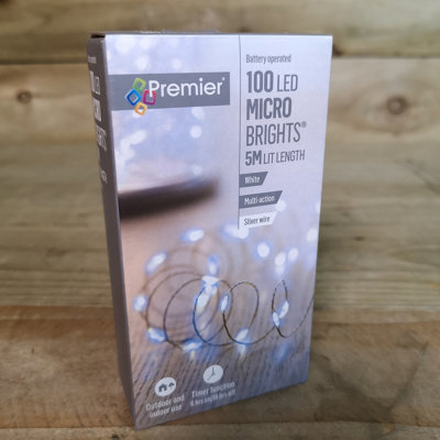 100 LED 5m Premier MicroBrights Indoor Outdoor Christmas Multi Function Battery Operated Lights with Timer on Pin Wire Cool White - 4