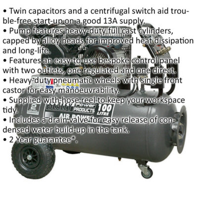 100 Litre Belt Drive Air Compressor - Front Control Panel - 3hp Electric Motor