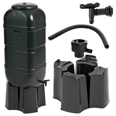 100 Litre Black Slimline Water Butt Rainwater Barrel With Stand, Kit & Diverter