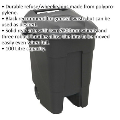 100 Litre Capacity Wheelie Bin - Solid Rear Axle - Two 200mm Wheels - Black