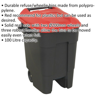 100 Litre Capacity Wheelie Bin - Solid Rear Axle - Two 200mm Wheels - Red