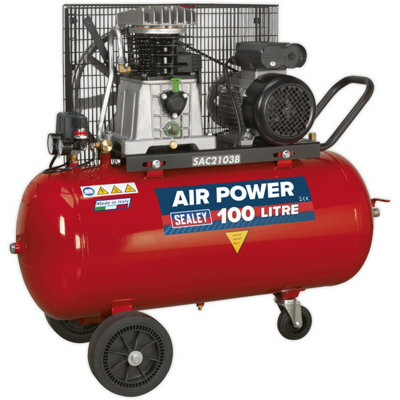 100 Litre Mobile Belt Drive Air Compressor - 3hp Motor - Cast Cylinders - Wheels - 4