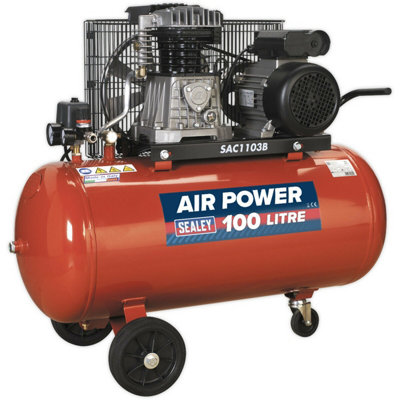 100 Litre Mobile Belt Drive Air Compressor - 3hp Motor - Quick Release Coupling - 3