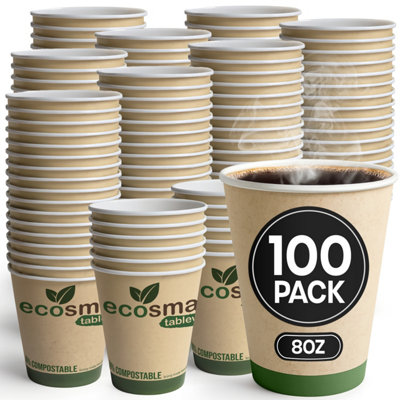 100 Pack 12oz Compostable Paper Coffee Cups Biodegradable Recyclable Cups  for Hot Drinks, Tea, Coffee, Office