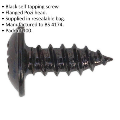 100 PACK 3.5 x 10mm Self Tapping Black Screw - Flanged Pozi Head - Fixings Screw