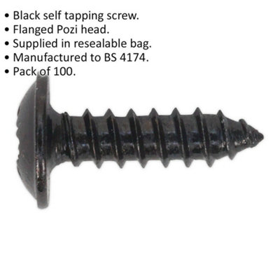100 PACK 3.5 x 13mm Self Tapping Black Screw - Flanged Pozi Head - Fixings Screw