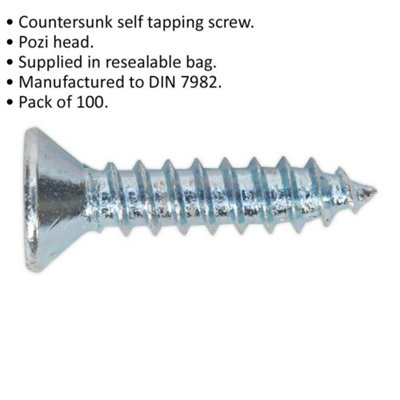 100 PACK 3.5 x 16mm Self Tapping Countersunk Screw - Pozi Head - Fixings Screw