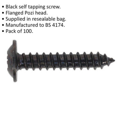 100 PACK 3.5 x 19mm Self Tapping Black Screw - Flanged Pozi Head - Fixings Screw
