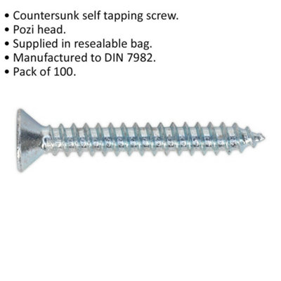100 PACK 3.5 x 25mm Self Tapping Countersunk Screw - Pozi Head - Fixings Screw