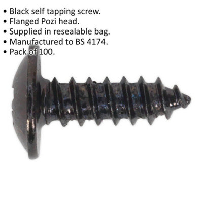100 PACK 4.2 x 13mm Self Tapping Black Screw - Flanged Pozi Head - Fixings Screw