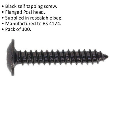 100 PACK 4.2 x 25mm Self Tapping Black Screw - Flanged Pozi Head - Fixings Screw