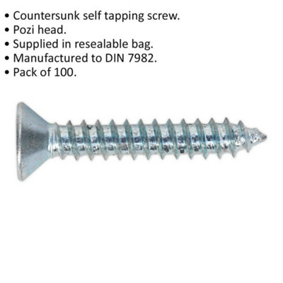100 PACK 4.2 x 25mm Self Tapping Countersunk Screw - Pozi Head - Fixings Screw