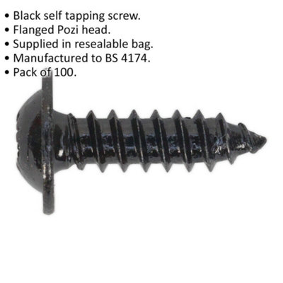 100 PACK 4.8 x 16mm Self Tapping Black Screw - Flanged Pozi Head - Fixings Screw