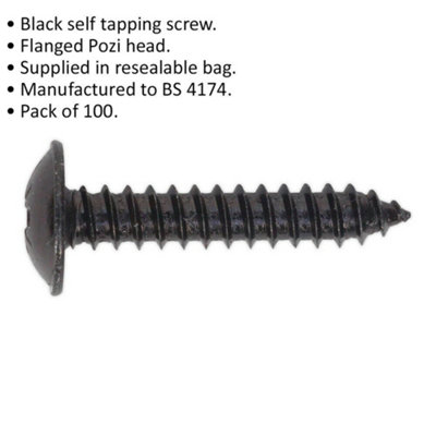 100 PACK 4.8 x 25mm Self Tapping Black Screw - Flanged Pozi Head - Fixings Screw