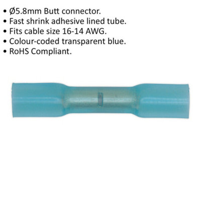 100 PACK 5.8mm Heat Shrink Butt Connector Terminal - 16 to 14 AWG Cable - Blue