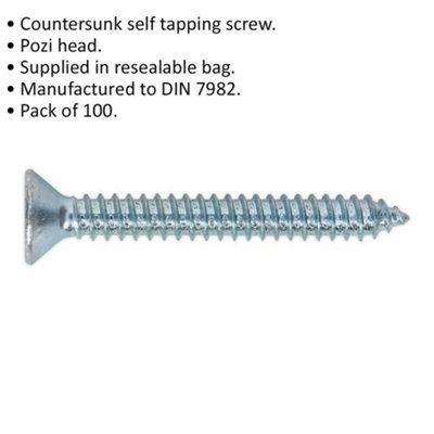 100 PACK 6.3 x 51mm Self Tapping Countersunk Screw - Pozi Head - Fixings Screw