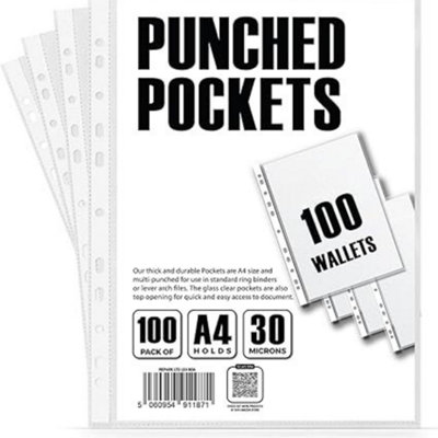 100 Pack A4 Plastic Punched Pockets 30 Micron Clear Filing Sleeves for ...