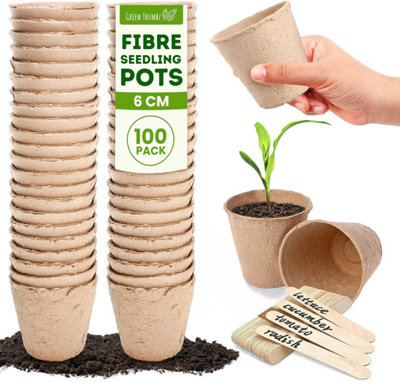 100 Pack Fibre Plant Pots with Labels - 6cm Biodegradable Seed Pots for Seedlings, Vegetables, Flowers & Herb Growth