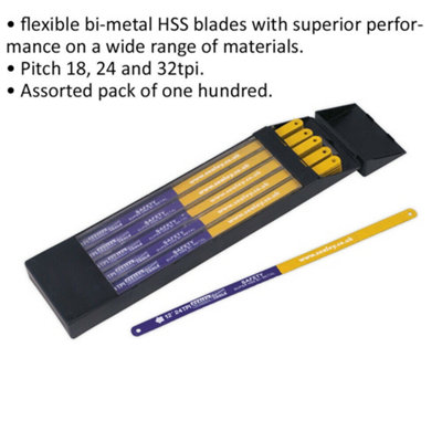 100 PACK Flexible Bi-Metal HSS Hacksaw Blade - 18 / 24 / 32 TPI - Assorted Pack