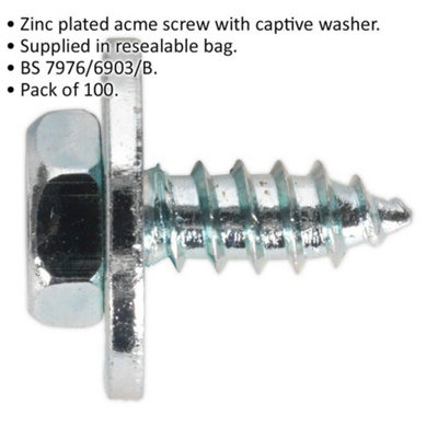 100 PACK M10 x 3/4 Inch Acme Screw with Captive Washer - Zinc Plated Fixings