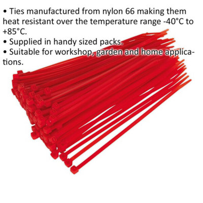 100 PACK Red Cable Ties - 200 x 4.8mm - Nylon 66 Material - Heat Resistant