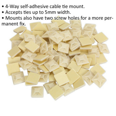 100 PACK Self-Adhesive 4-Way Cable Tie Mount - 20 x 20mm - 5mm Tie Width - White