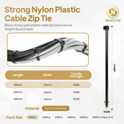 100 Pcs Strong Black Nylon Cable Ties - 2.5mm X 100mm (4") Zip Ties / Wire Wraps
