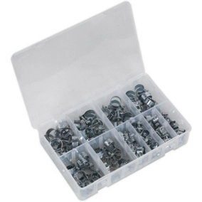 100 Piece Mini Hose Clip Assortment - Zinc Plated Clips - Partitioned Box