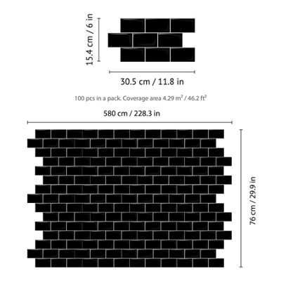 100 Pieces 30.5 x 15.4 cm 3D Tile Stickers Black Metro Subway Glossy - 5