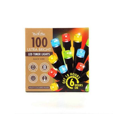 100 Ultra Bright LED Indoor & Outdoor Fairy Timer Lights Black Wire ...