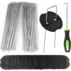 100 Weed Control Membrane Pegs + 50 Buffer Washer with 1 Pick Hook