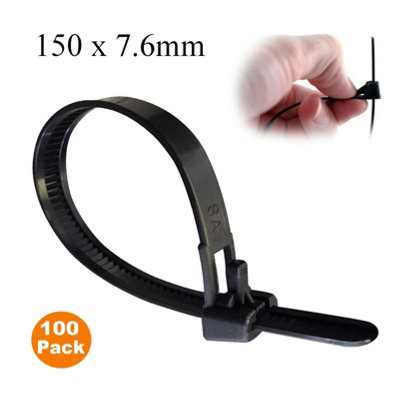 100 x Black Releasable Cable Ties 150mm x 7.6mm Reusable Wire Tidy Zip Wrap Straps